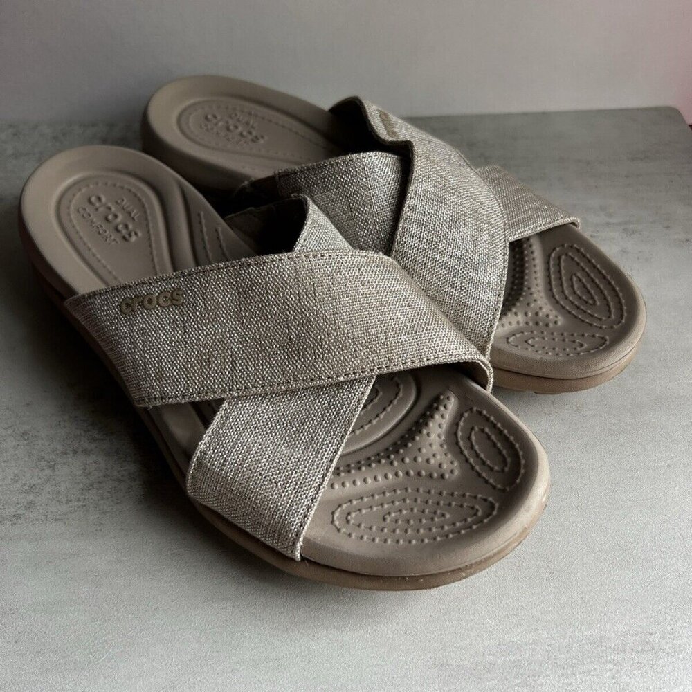 CROCS Women's Metallic Taupe Cross-Band Sandals - Picture 4 of 16